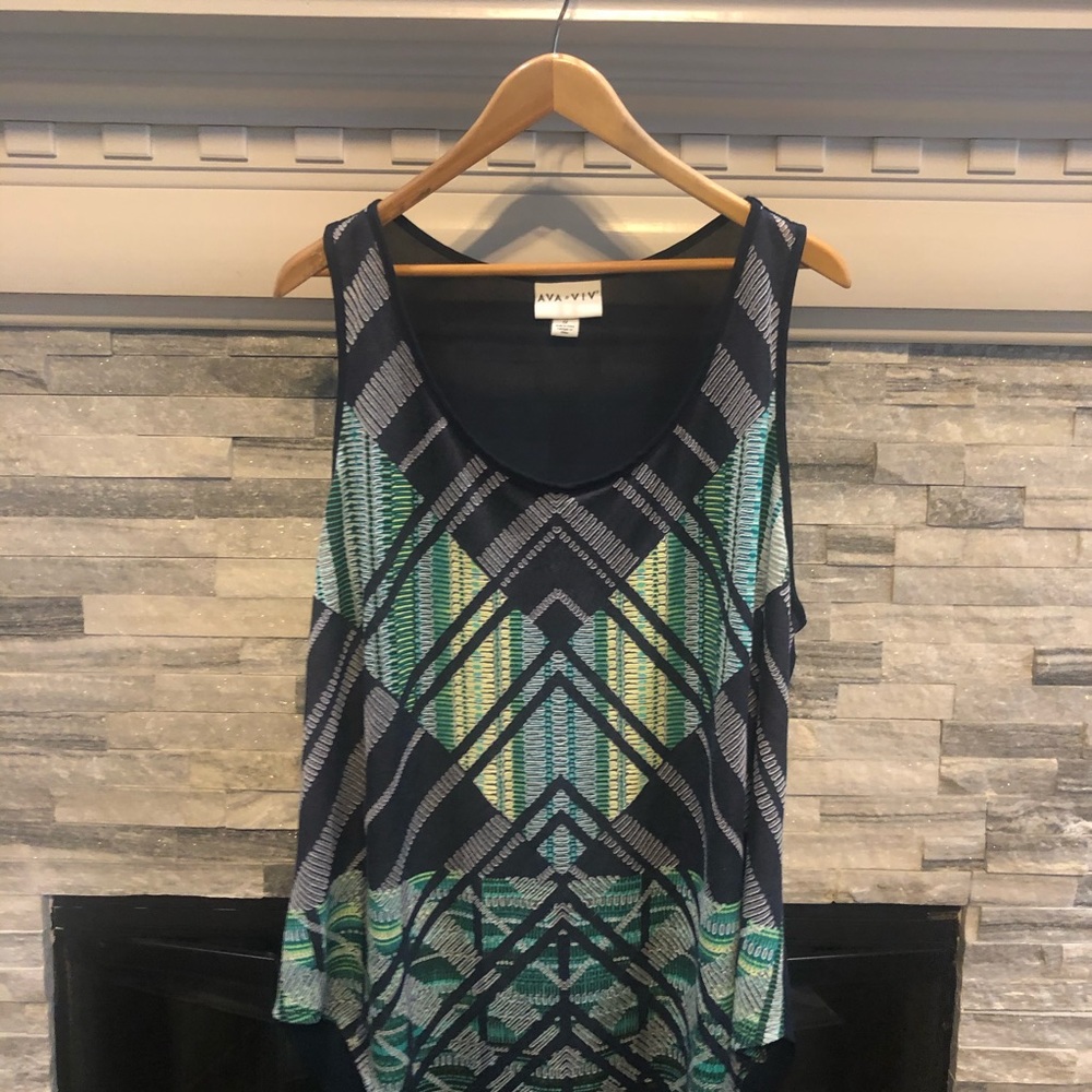Navy & Green Sheer Geometric Ava & Viv Tank Top 1X